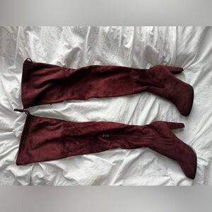 Red thigh high velvet boots